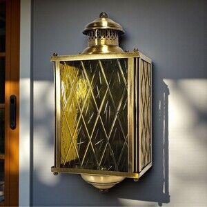 Vintage American Lantern Co Amber Diamond Glass Brass Wall Sconce Light Fixture